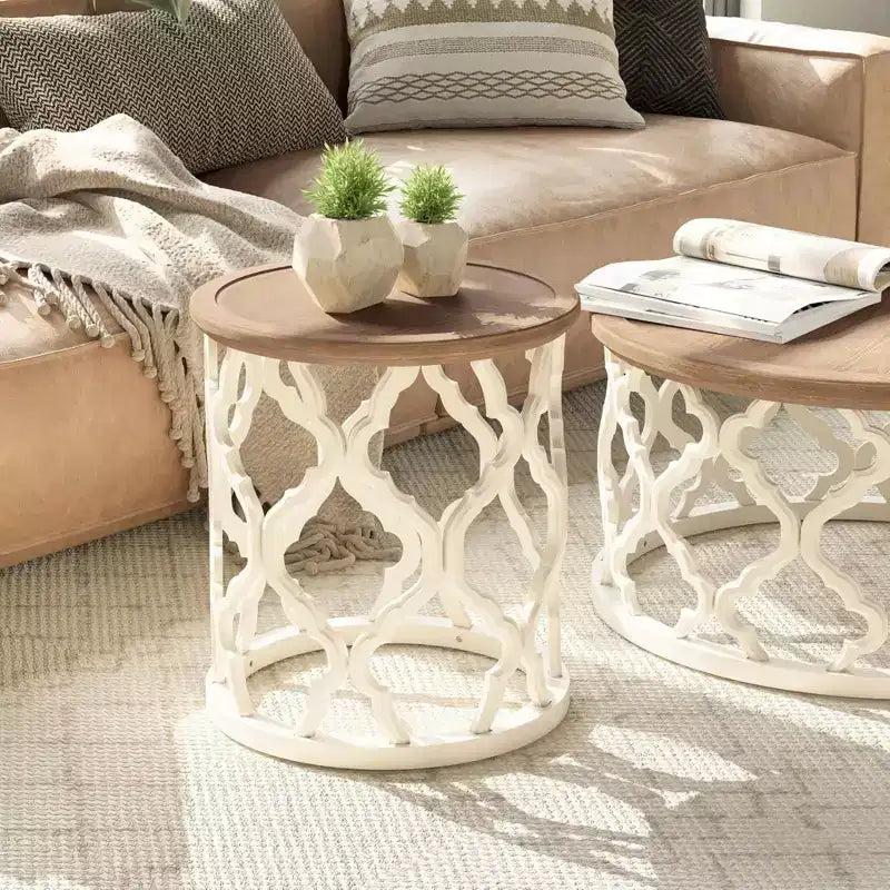 COZAYH Tables d'appoint rustiques rondes avec plateau en bois et base incurvée, ensemble de 2