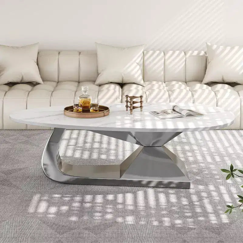 Table Basse Moderne en Pierre Frittée avec Base Sculpturale en Acier Inoxydable, Table Basse de Salon en Faux Marbre Forme Galet - Panipeachy