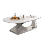 Table Basse Moderne en Pierre Frittée avec Base Sculpturale en Acier Inoxydable, Table Basse de Salon en Faux Marbre Forme Galet - Panipeachy