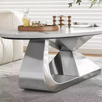 Table Basse Moderne en Pierre Frittée avec Base Sculpturale en Acier Inoxydable, Table Basse de Salon en Faux Marbre Forme Galet - Panipeachy