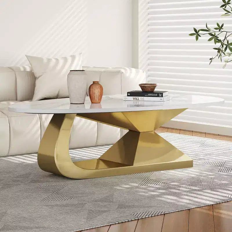 Table Basse Moderne en Pierre Frittée avec Base Sculpturale en Acier Inoxydable, Table Basse de Salon en Faux Marbre Forme Galet - Panipeachy