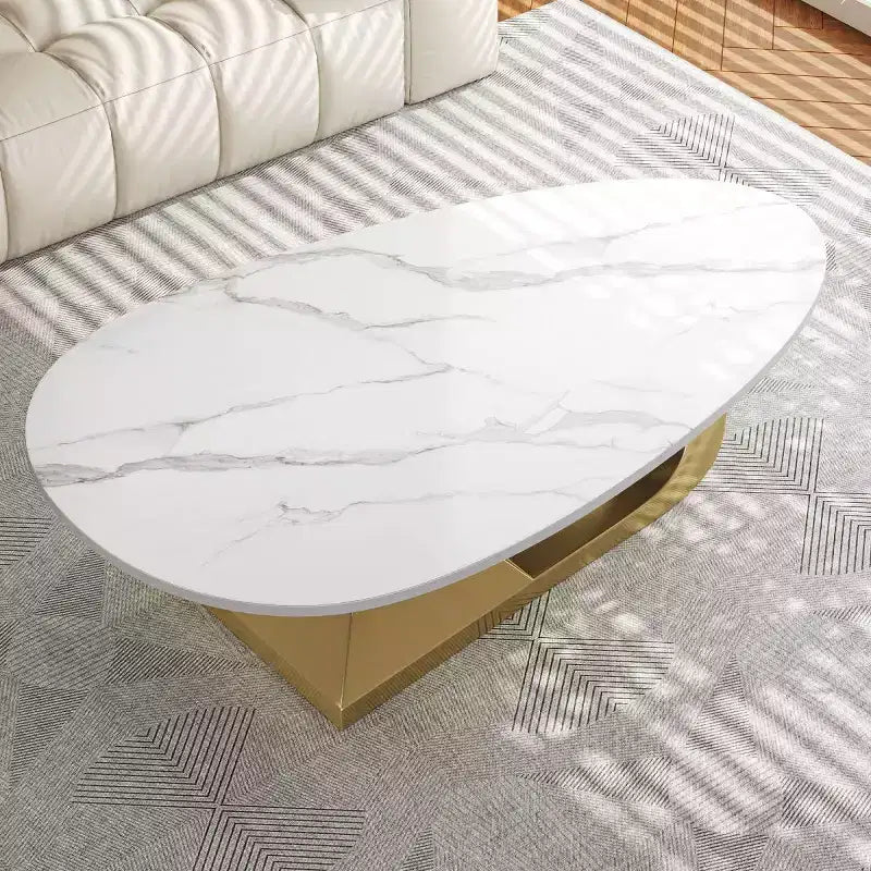 Table Basse Moderne en Pierre Frittée avec Base Sculpturale en Acier Inoxydable, Table Basse de Salon en Faux Marbre Forme Galet - Panipeachy