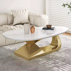 Modern Sintered Stone Coffee Table with Sculptural Stainless Steel Base, Faux Marble Pebble-Shaped Center Table for Living Room - Panipeachy