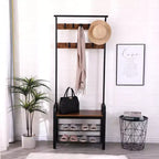 Okak 72.8IN Portant industriel avec banc à chaussures et 9 crochets amovibles, Meuble d'entrée avec tringle de suspension, Porte-manteau pour salon, couloir, Marron