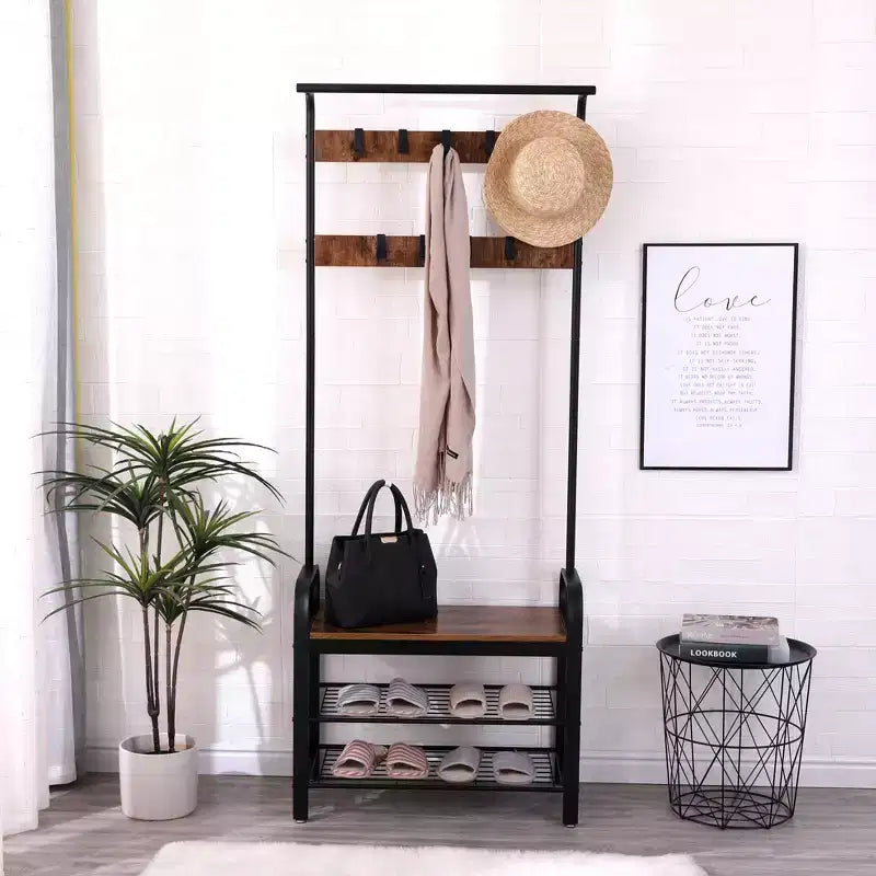 Okak 72.8IN Portant industriel avec banc à chaussures et 9 crochets amovibles, Meuble d'entrée avec tringle de suspension, Porte-manteau pour salon, couloir, Marron