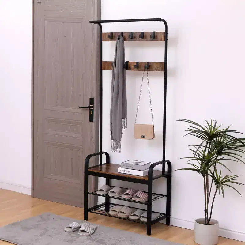 Okak 72.8IN Portant industriel avec banc à chaussures et 9 crochets amovibles, Meuble d'entrée avec tringle de suspension, Porte-manteau pour salon, couloir, Marron