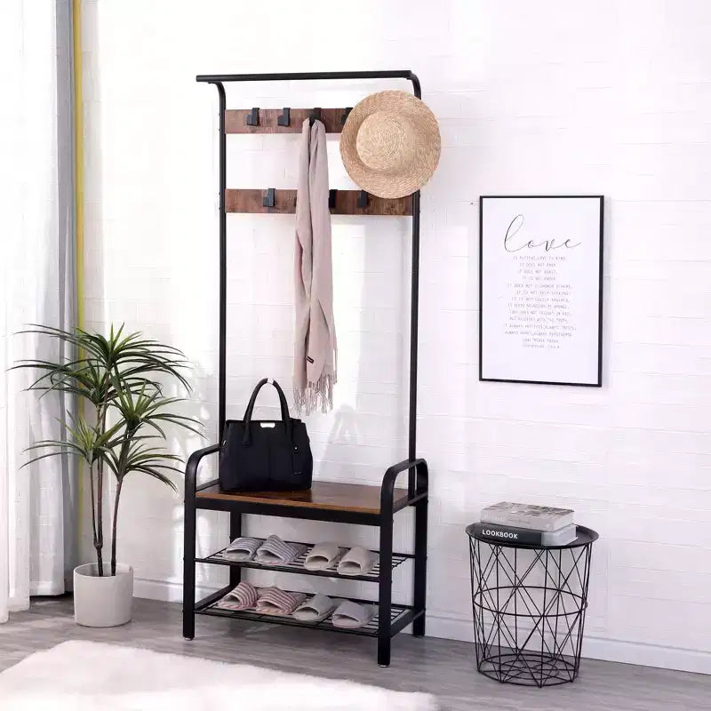 Okak 72.8IN Portant industriel avec banc à chaussures et 9 crochets amovibles, Meuble d'entrée avec tringle de suspension, Porte-manteau pour salon, couloir, Marron