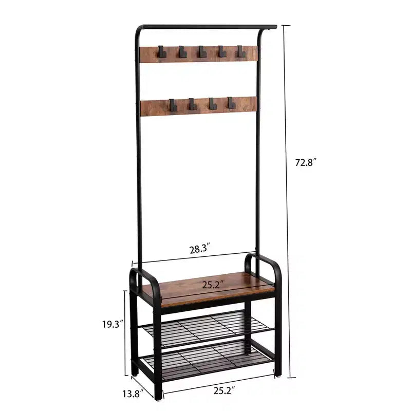 Okak 72.8IN Portant industriel avec banc à chaussures et 9 crochets amovibles, Meuble d'entrée avec tringle de suspension, Porte-manteau pour salon, couloir, Marron