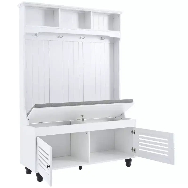 Meuble d'entrée Okak 5-en-1 avec portes persiennes, porte-manteau autoportant avec coussin et 4 crochets robustes, large support pour manteaux pour couloir, blanc