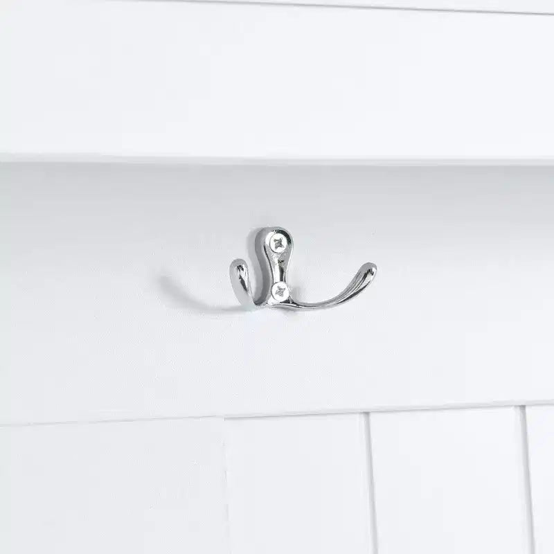 Meuble d'entrée Okak 5-en-1 avec portes persiennes, porte-manteau autoportant avec coussin et 4 crochets robustes, large support pour manteaux pour couloir, blanc