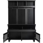Meuble d'entrée 5-en-1 Okak avec portes persiennes, porte-manteau autoportant avec coussin et 4 patères robustes, meuble d'entrée large pour couloir, noir