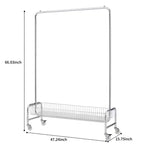 Okak Portemanteau d'entrée robuste sur roulettes avec frein verrouillable, porte-manteau autoportant pliable, étagères de rangement avec panier, argent