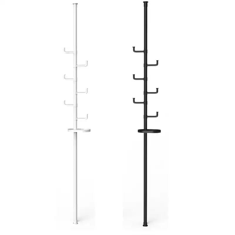 Porte-manteau Okak du sol au plafond avec poteau à tension réglable, Arbre d'entrée avec plateau et crochets, Portemanteau pour Salon, Entrée, Balcon, Noir