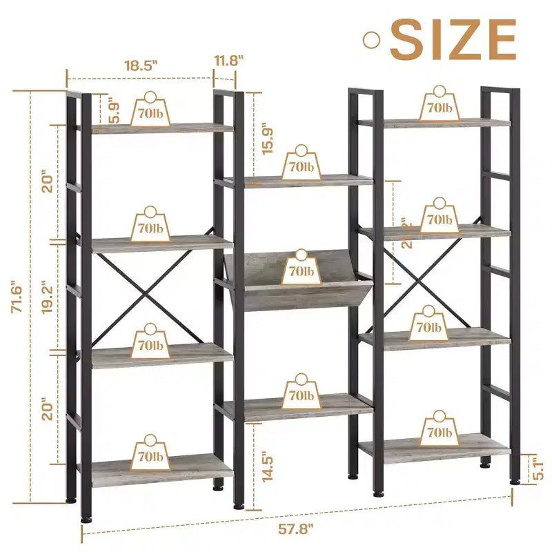 Étagère Celebalcony 71,6H x 57,8W, bibliothèque 4 niveaux avec 11 étagères ouvertes, grande bibliothèque ouverte pour la maison et le bureau