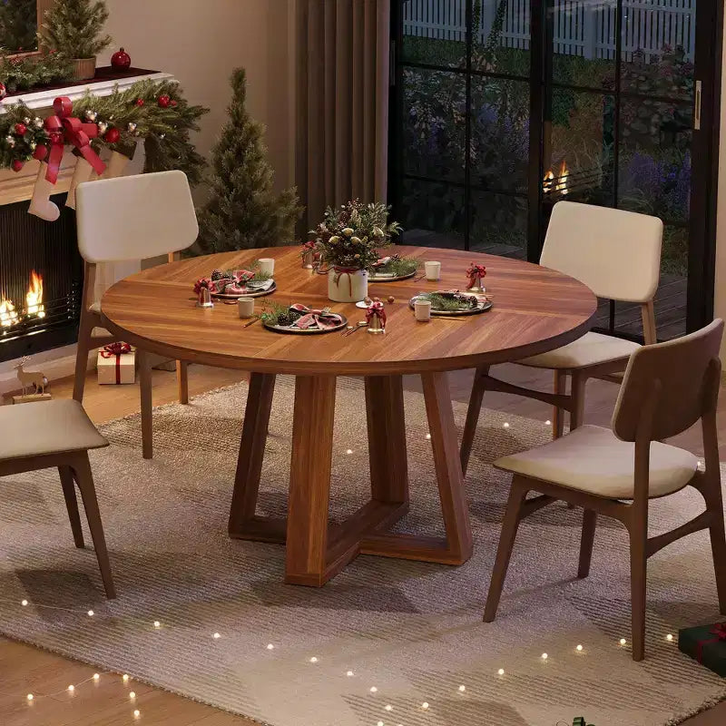 Table à manger ronde pour 4-6 personnes, table de salle à manger circulaire de 120 cm avec base croisée robuste, table à manger en bois de style ferme pour appartement, cuisine, salon