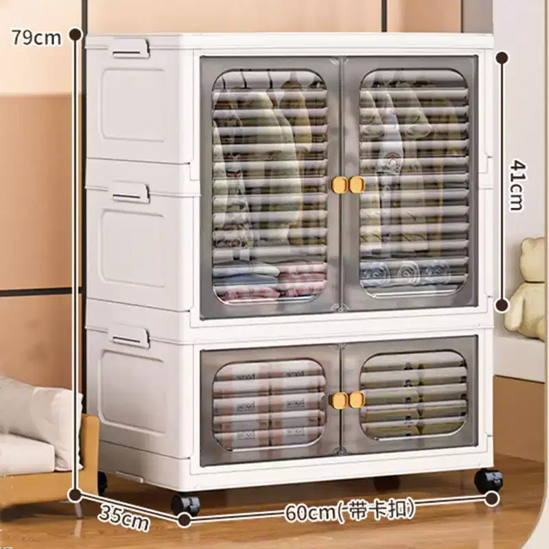 Bac de rangement en plastique avec couvercle, boîtes de rangement empilables, avec roulettes et tringle de suspension, avec porte pour salons domestiques