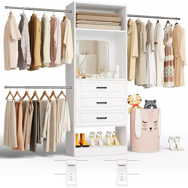 Besiost Système de dressing autoportant avec tringles et miroir, rangement de placard de plain-pied en bois avec tiroir