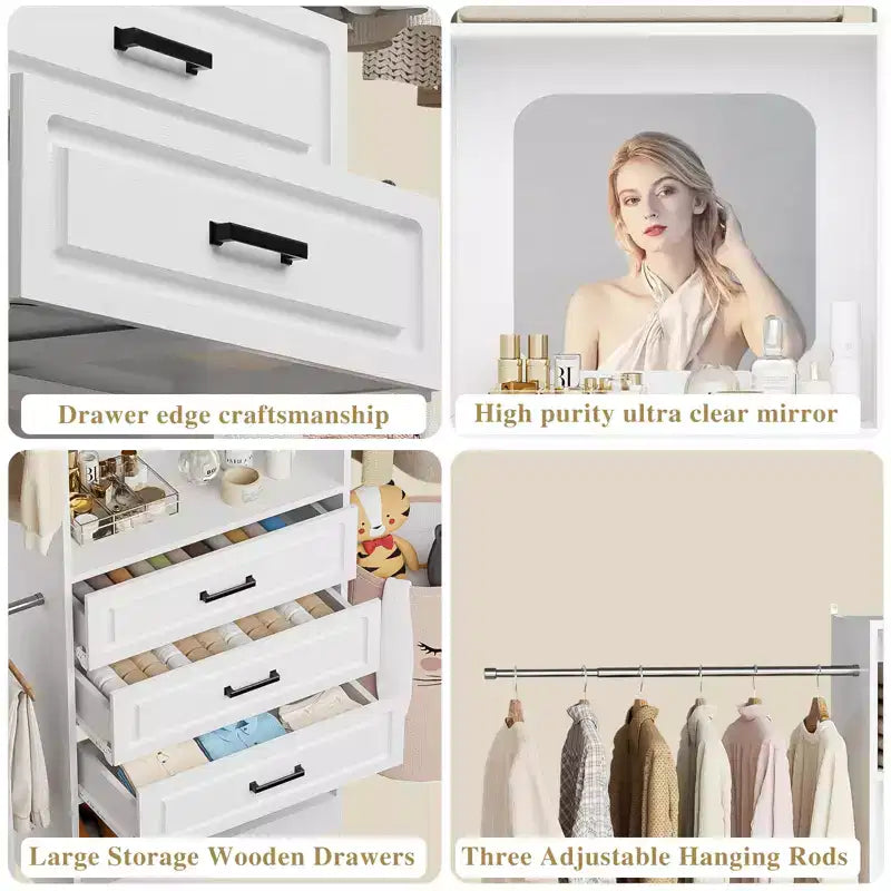 Besiost Système de dressing autoportant avec tringles et miroir, rangement de placard de plain-pied en bois avec tiroir