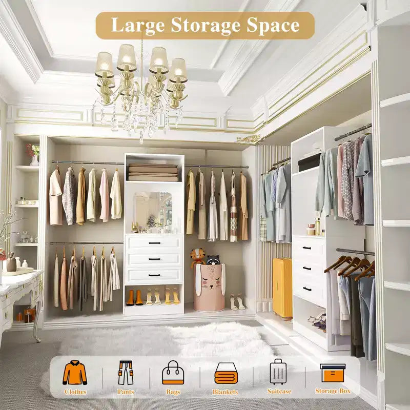 Besiost Système de dressing autoportant avec tringles et miroir, rangement de placard de plain-pied en bois avec tiroir