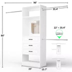 Besiost Système de dressing autoportant avec tringles et miroir, rangement de placard de plain-pied en bois avec tiroir