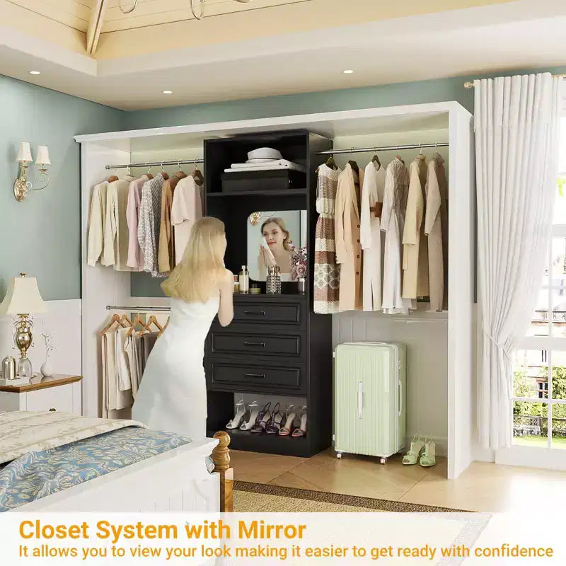 Besiost Système de dressing autoportant avec tringles et miroir, rangement de placard de plain-pied en bois avec tiroir