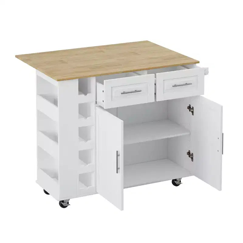 Desserte îlot de cuisine blanche avec placard à 2 portes et 2 tiroirs - Chariot de rangement roulant avec plateau pliant en bois d'hévéa, étagère à épices et casier à vin pour la cuisine
