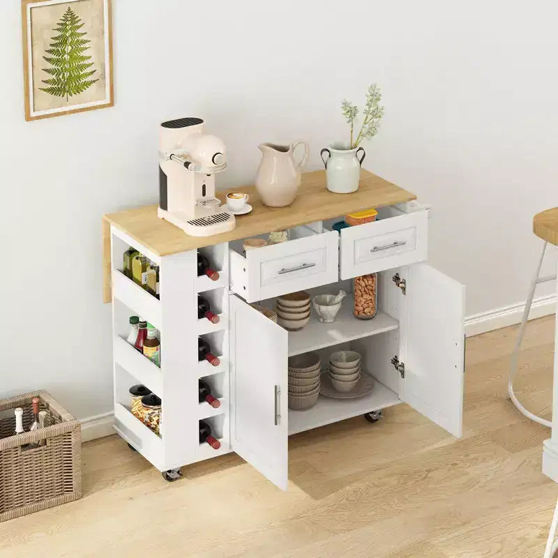 Desserte îlot de cuisine blanche avec placard à 2 portes et 2 tiroirs - Chariot de rangement roulant avec plateau pliant en bois d'hévéa, étagère à épices et casier à vin pour la cuisine