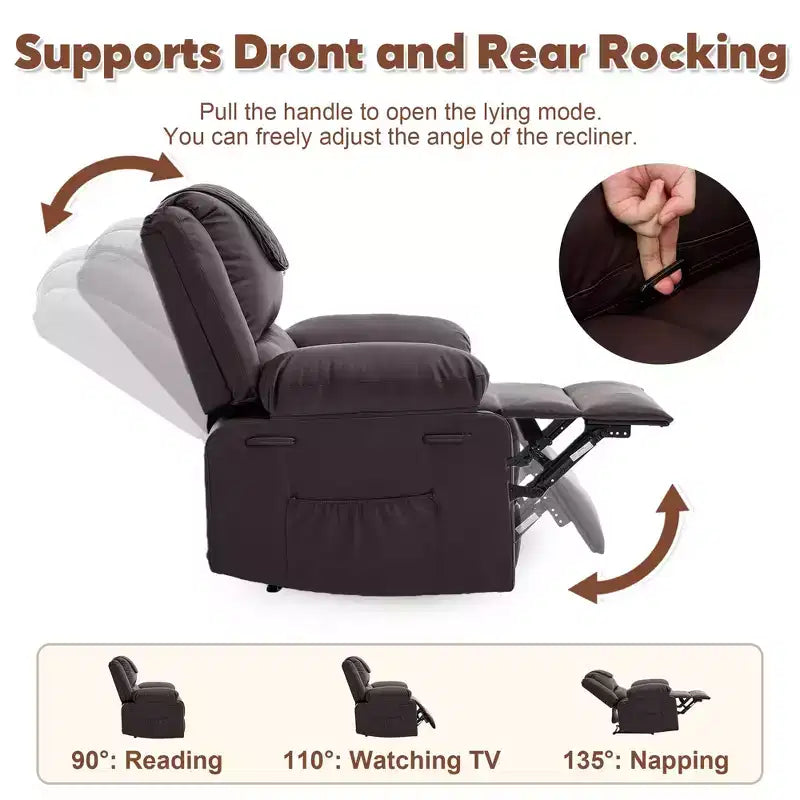 Fauteuil inclinable adulte GustoWave avec chauffage et massage, inclinable manuel réglable à 135° avec poches latérales de rangement et télécommande