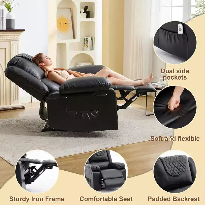 Fauteuil inclinable adulte GustoWave avec chauffage et massage, inclinable manuel réglable à 135° avec poches latérales de rangement et télécommande