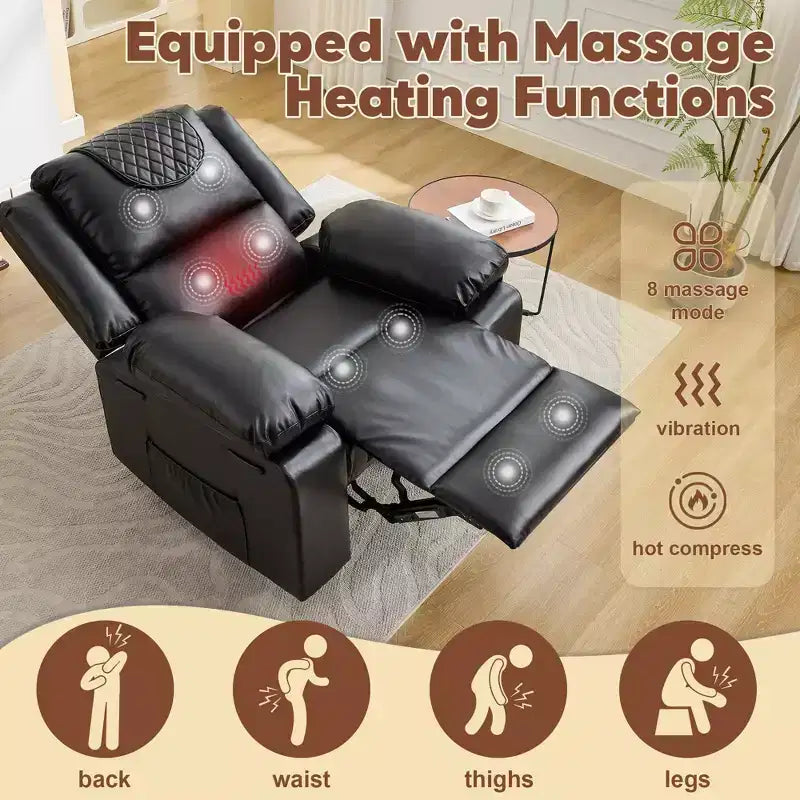 Fauteuil inclinable adulte GustoWave avec chauffage et massage, inclinable manuel réglable à 135° avec poches latérales de rangement et télécommande