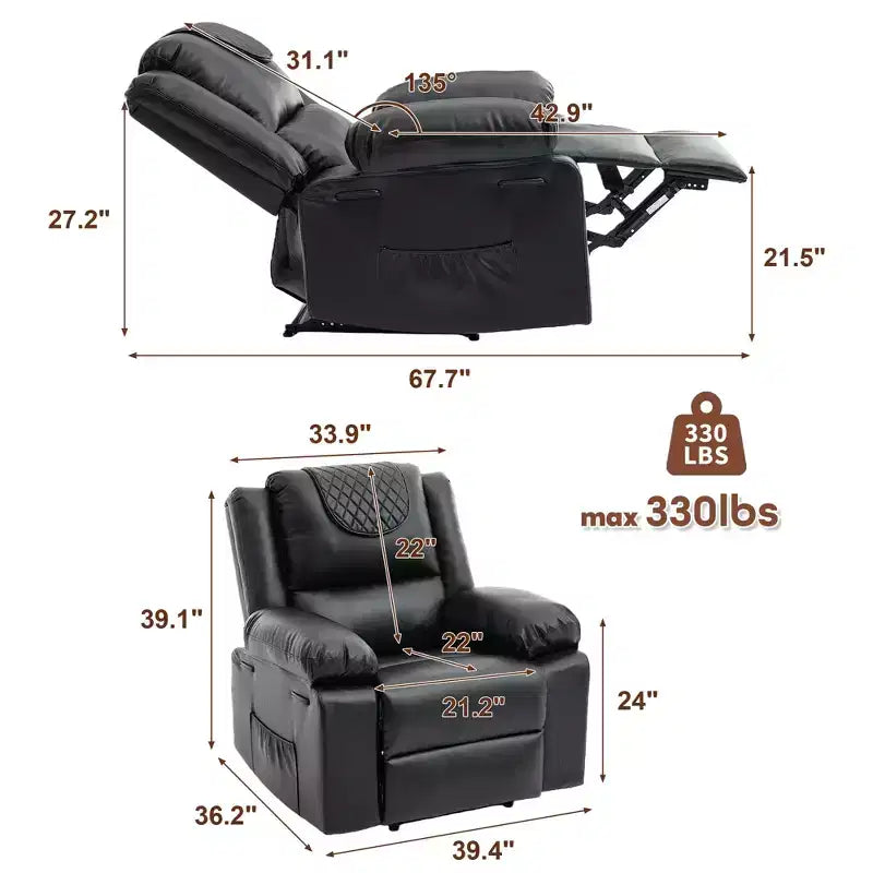 Fauteuil inclinable adulte GustoWave avec chauffage et massage, inclinable manuel réglable à 135° avec poches latérales de rangement et télécommande