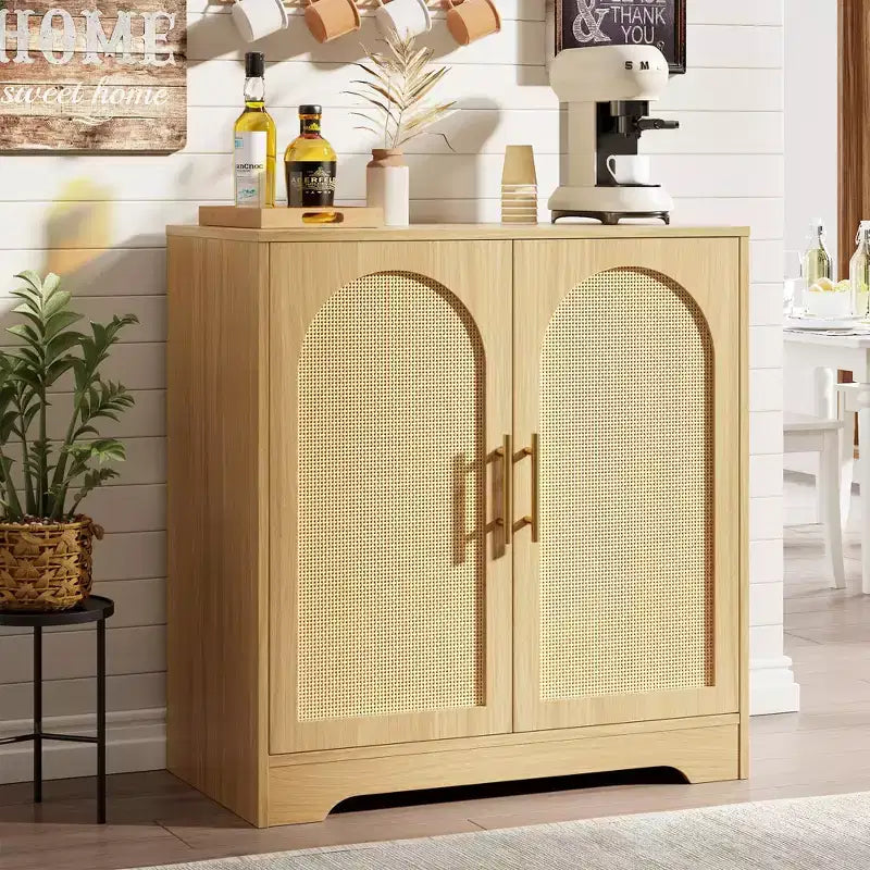 Buffet bahut 30", meuble de bar en rotin, console d'entrée, buffet de rangement au sol, crédence en bois pour cuisine et salon