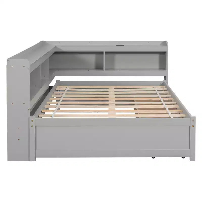 Lit Luxystar pleine grandeur en forme de L avec bibliothèques, prises électriques, ports de chargement USB et 2 tiroirs