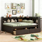 Luxystar Full Size L-shaped Bookcases Bed with Power Outlets, USB Charging Ports and 2 Drawers