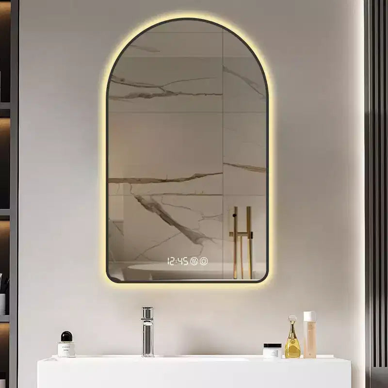 Miroirs de vanité de salle de bain à LED multifonctionnels arqués de 28 x 48 pouces avec trois températures de couleur pour évier, cadre noir