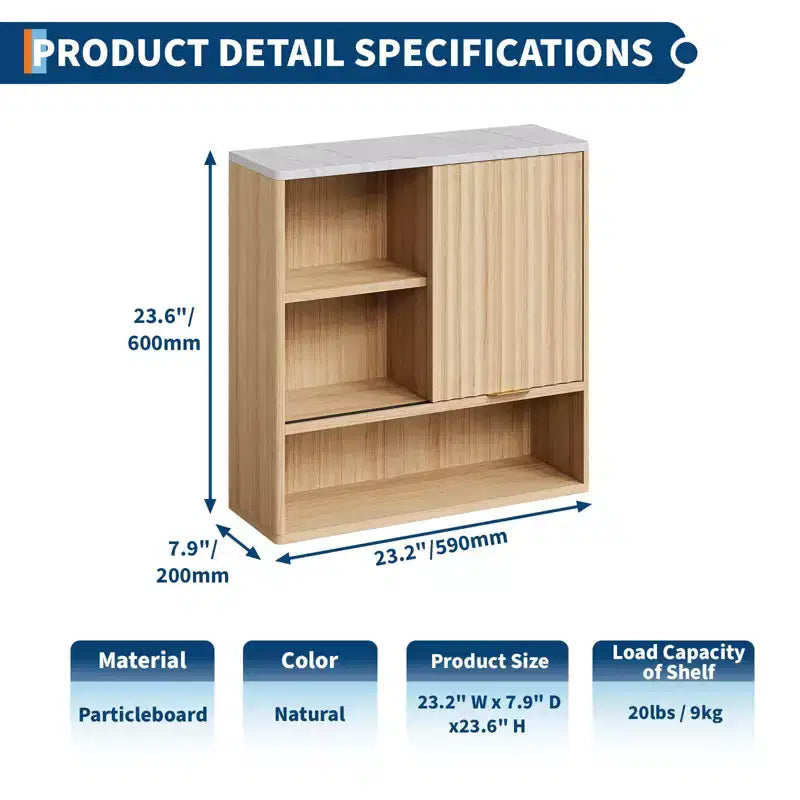 Armoire murale moderne cannelée avec porte coulissante - Dessus en faux marbre et étagère réglable, rangement courbé pour médicaments pour salle de bain, buanderie
