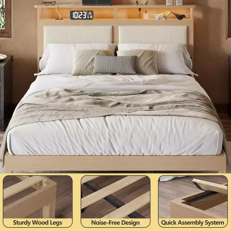 Cadre de lit Queen moderne avec tête de lit de rangement, lumières LED, station de recharge, cadre de lit rembourré en velours côtelé, lattes en bois silencieuses, pas besoin de sommier.