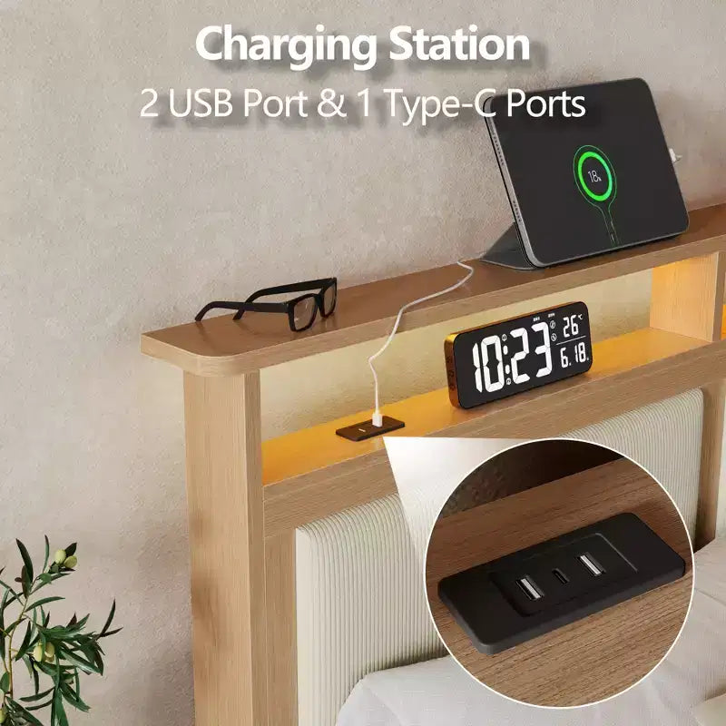 Cadre de lit Queen moderne avec tête de lit de rangement, lumières LED, station de recharge, cadre de lit rembourré en velours côtelé, lattes en bois silencieuses, pas besoin de sommier.