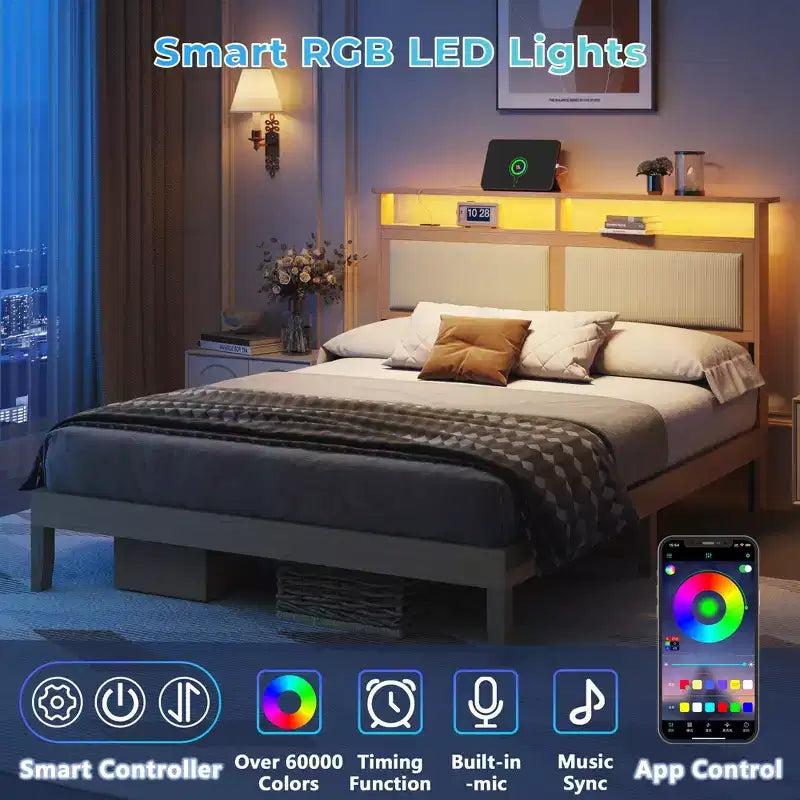 Cadre de lit Queen moderne avec tête de lit de rangement, lumières LED, station de recharge, cadre de lit rembourré en velours côtelé, lattes en bois silencieuses, pas besoin de sommier.