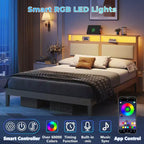 Cadre de lit Queen moderne avec tête de lit de rangement, lumières LED, station de recharge, cadre de lit rembourré en velours côtelé, lattes en bois silencieuses, pas besoin de sommier.