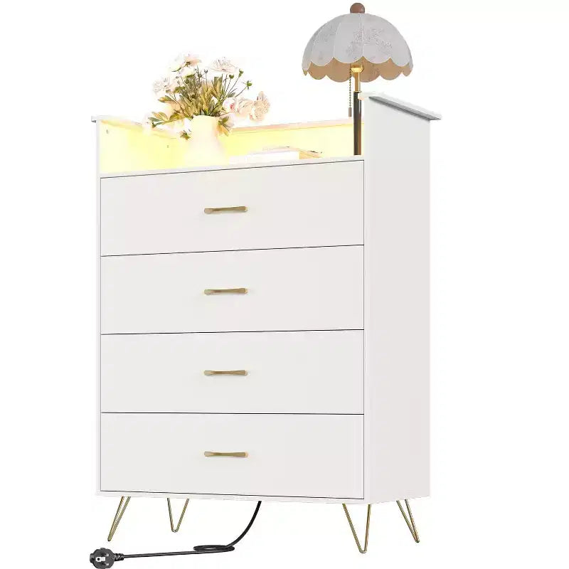 Commode haute à 4 tiroirs, Grande commode en bois à tiroirs pour chambre à coucher, placard, organisation du salon