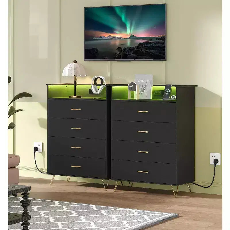 Commode haute à 4 tiroirs, Grande commode en bois à tiroirs pour chambre à coucher, placard, organisation du salon