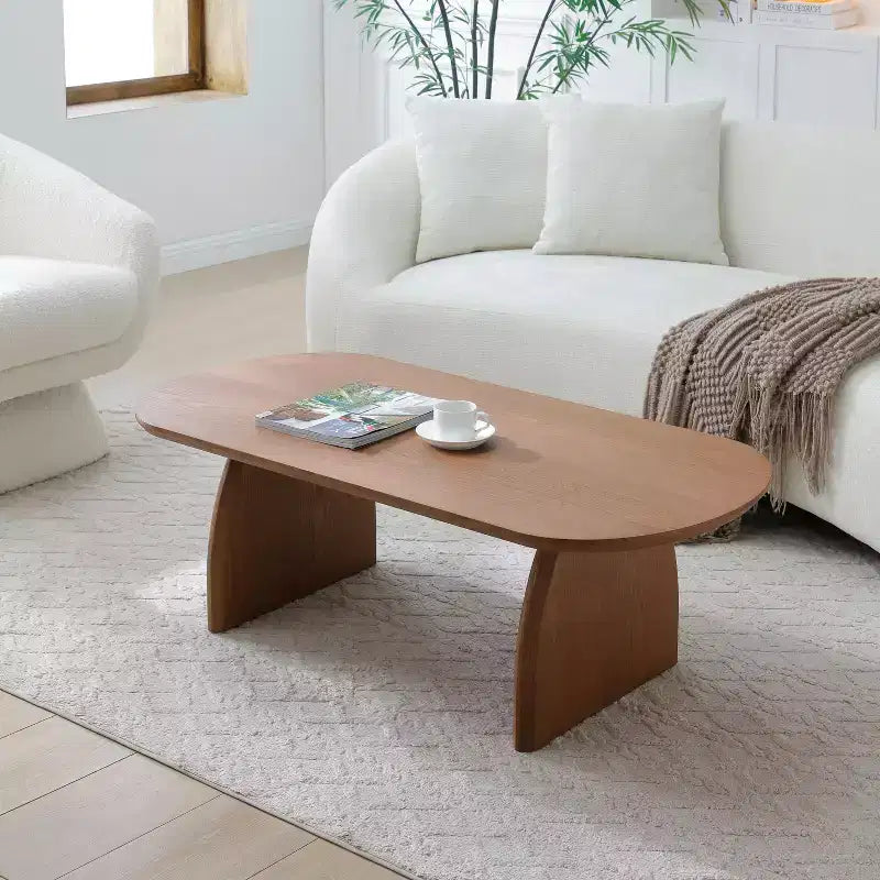 47 Oval Mid-Century Coffee Table Solid Wood Veneer Walnut Accent Small Space Easy Assembly