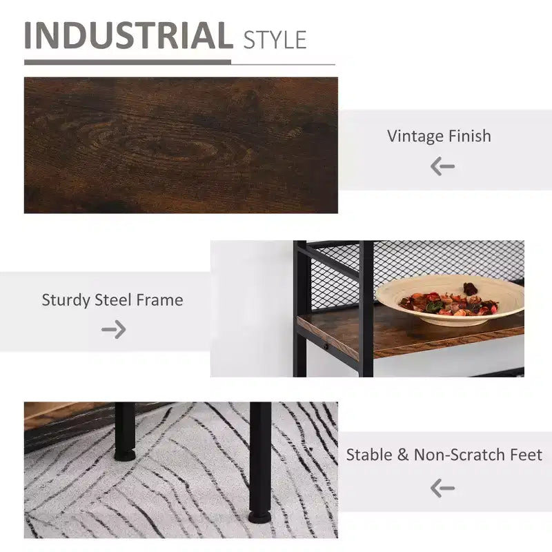 Console 3 Niveaux, Style Industriel, Rangement, Métal et Bois, Conception Robuste Multi-Fonctionnelle et Pieds Réglables