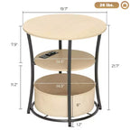Table d'appoint ronde avec station de charge, bout de canapé à 3 niveaux avec sac de rangement en tissu et étagère