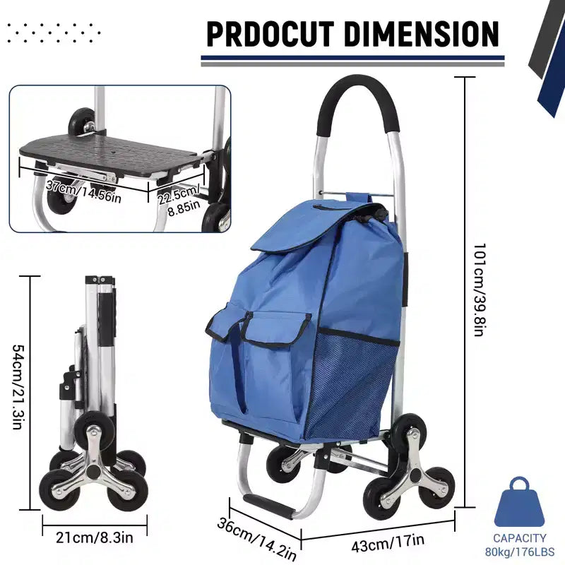 Chariot de courses pliable, diable d'escalier robuste de 80 kg, chariot à main d'escalade portable avec 6 roues, sac en tissu Oxford de 36L
