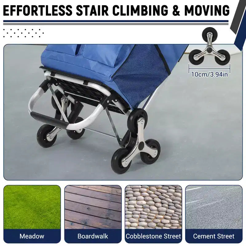 Chariot de courses pliable, diable d'escalier robuste de 80 kg, chariot à main d'escalade portable avec 6 roues, sac en tissu Oxford de 36L