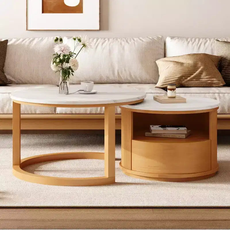 29.5 Table basse moderne gigogne avec rangement et plateau aspect marbre, table de salon à 2 niveaux pour salon ou appartement - Panipeachy