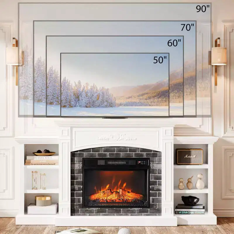 Meuble TV cheminée blanc pour téléviseur jusqu'à 90 pouces avec cheminée de 23 pouces style western