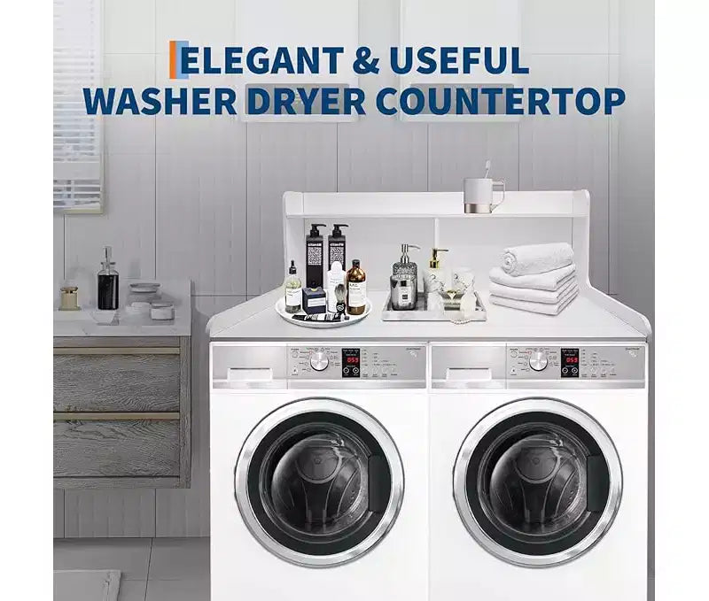 1 étagère haute en MDF pour machine à laver, 3 niveaux avec rails de bord pour plan de travail de lave-linge séche-linge, pour plier les vêtements, rehausseur de lave-linge et séche-linge avec patin antidérapant
